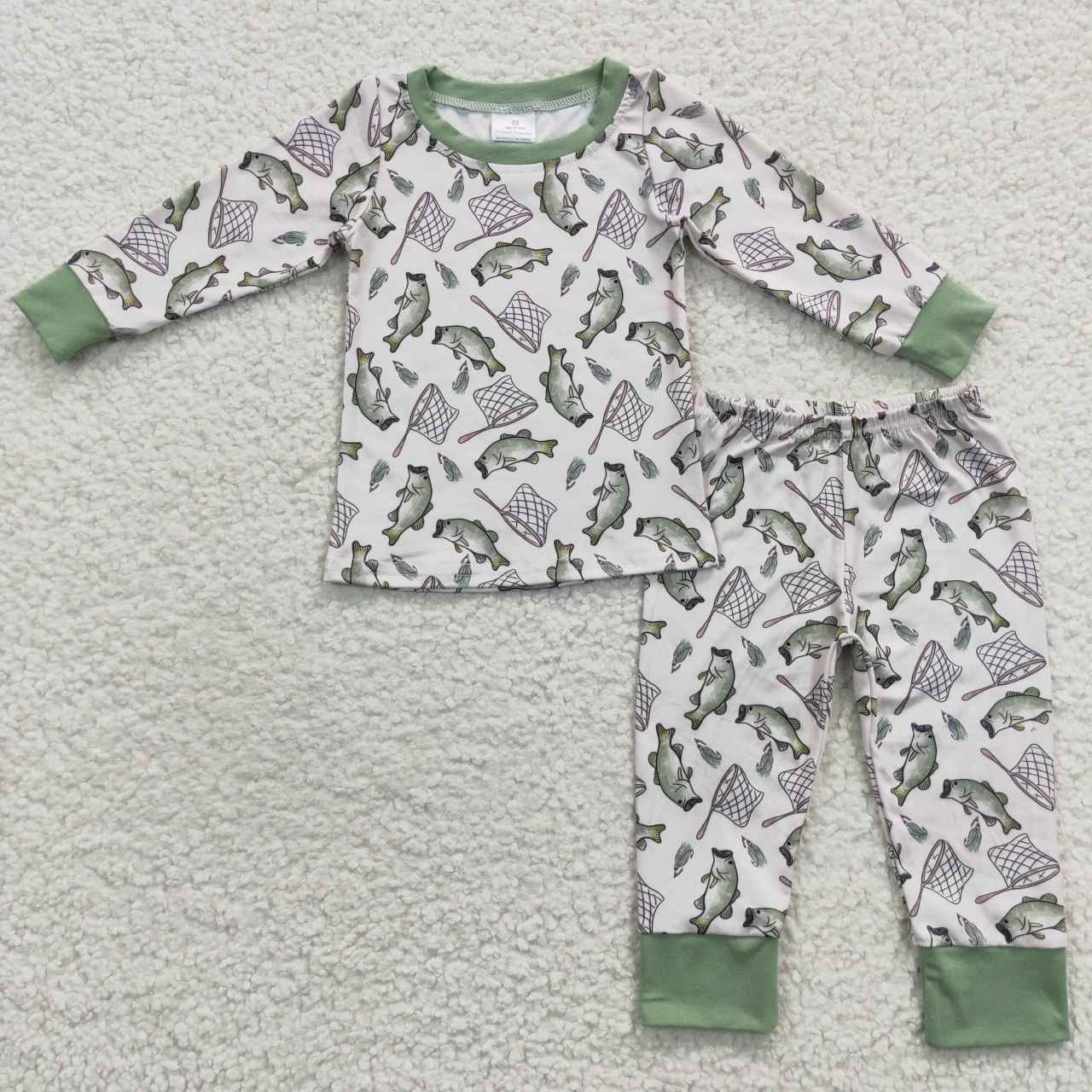 BLP0179 Green Fish Cartoon Boys Long Sleeve Pants Outfits Pajamas