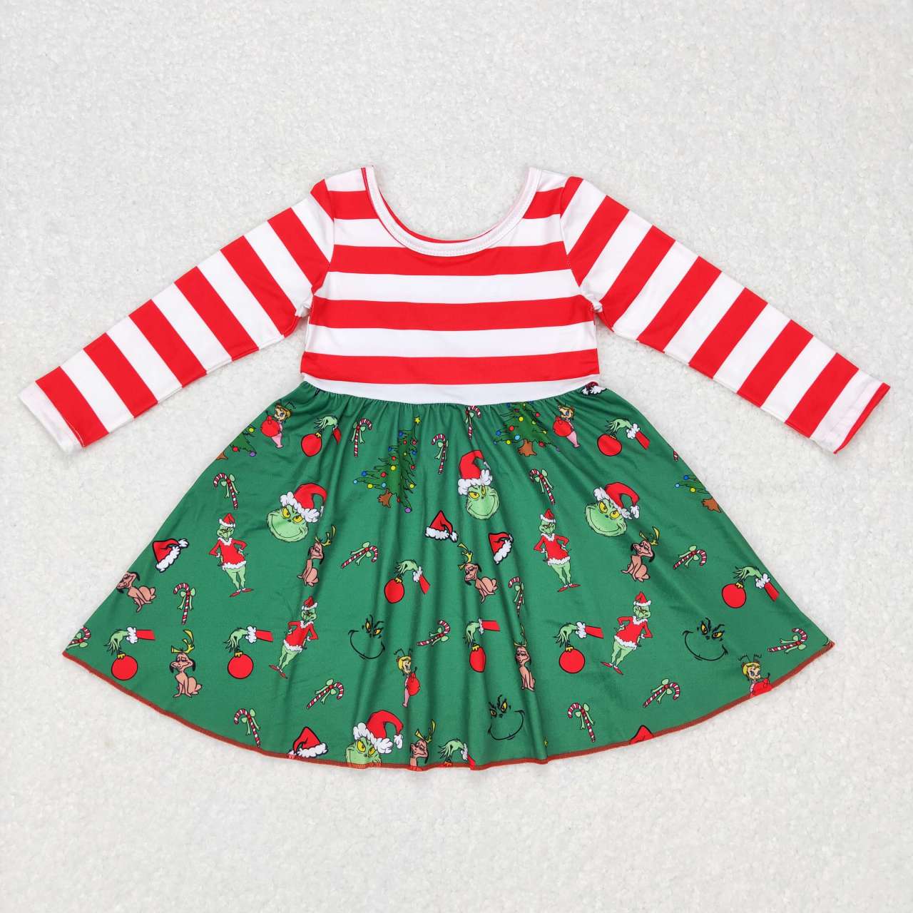 GLD0390 Christmas Red Green Cartoon  Girls Long Sleeve Dresses