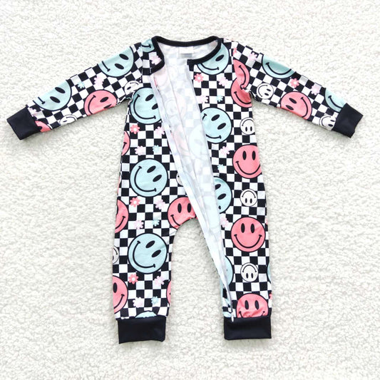 LR0304 Black Plaid Smile Emoji Cartoon Pink  Zipper Girls Long Sleeve Romper