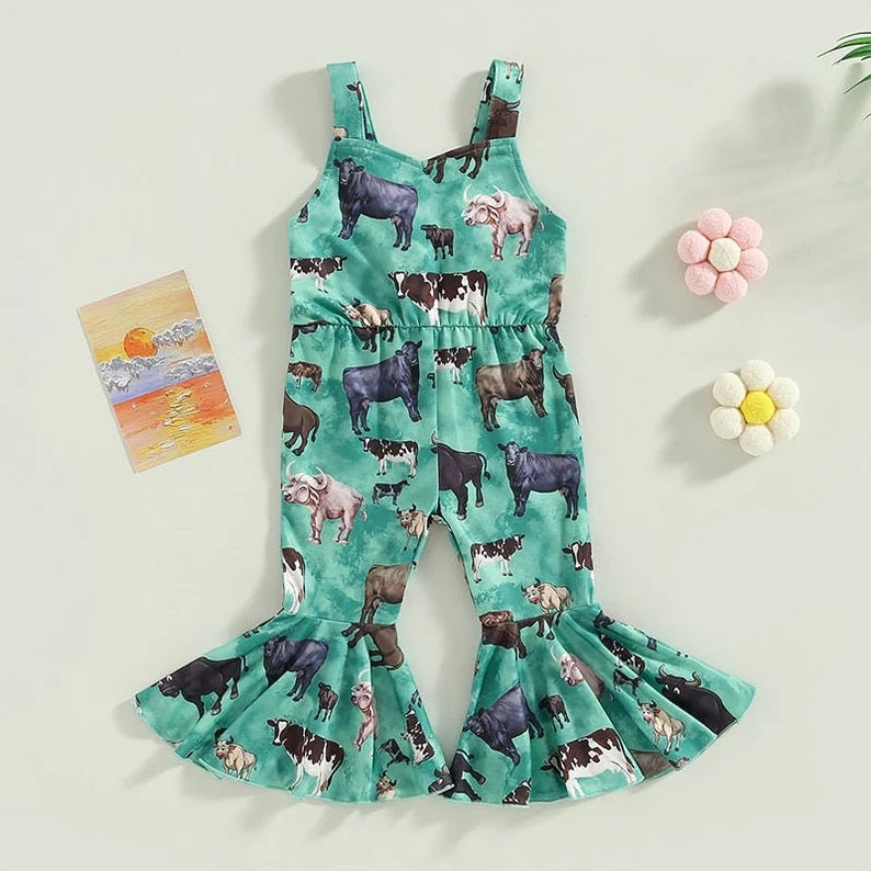 SR0371 Blue Green Cow Girls Sleeveless Jumpsuit Overall Pants