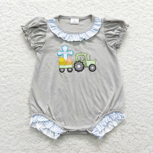 SR0491 Sibling Easter Rabbit Cross  Embroidery  Girls Short Sleeve Romper RTS 202507