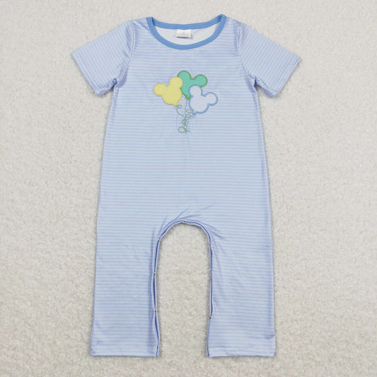 SR0612 Embroidered Mickey Balloon Blue Striped Short Sleeve Boys Romper RTS 202508