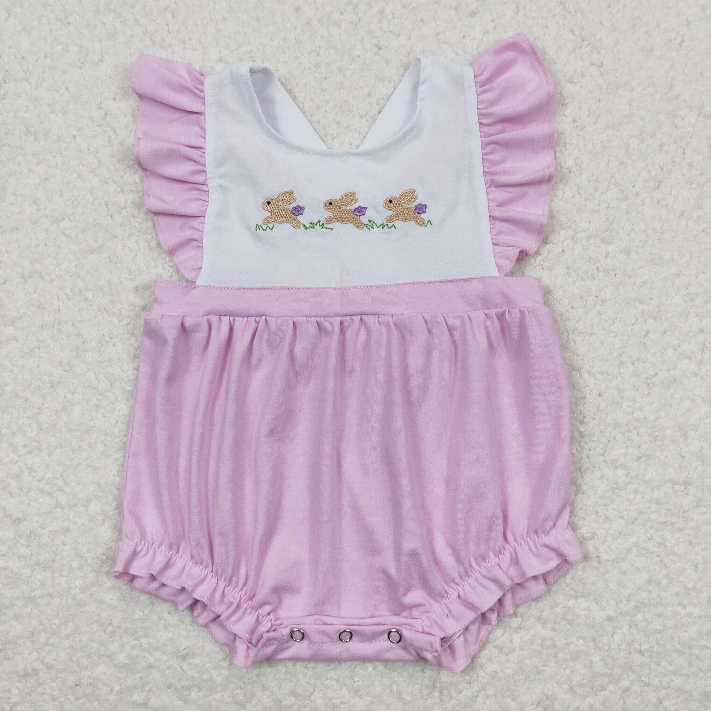 SR0620 Embroidered Three Rabbits with White Bow Purple Ruffle Flying Sleeve Girls Bubble Romper RTS 202508