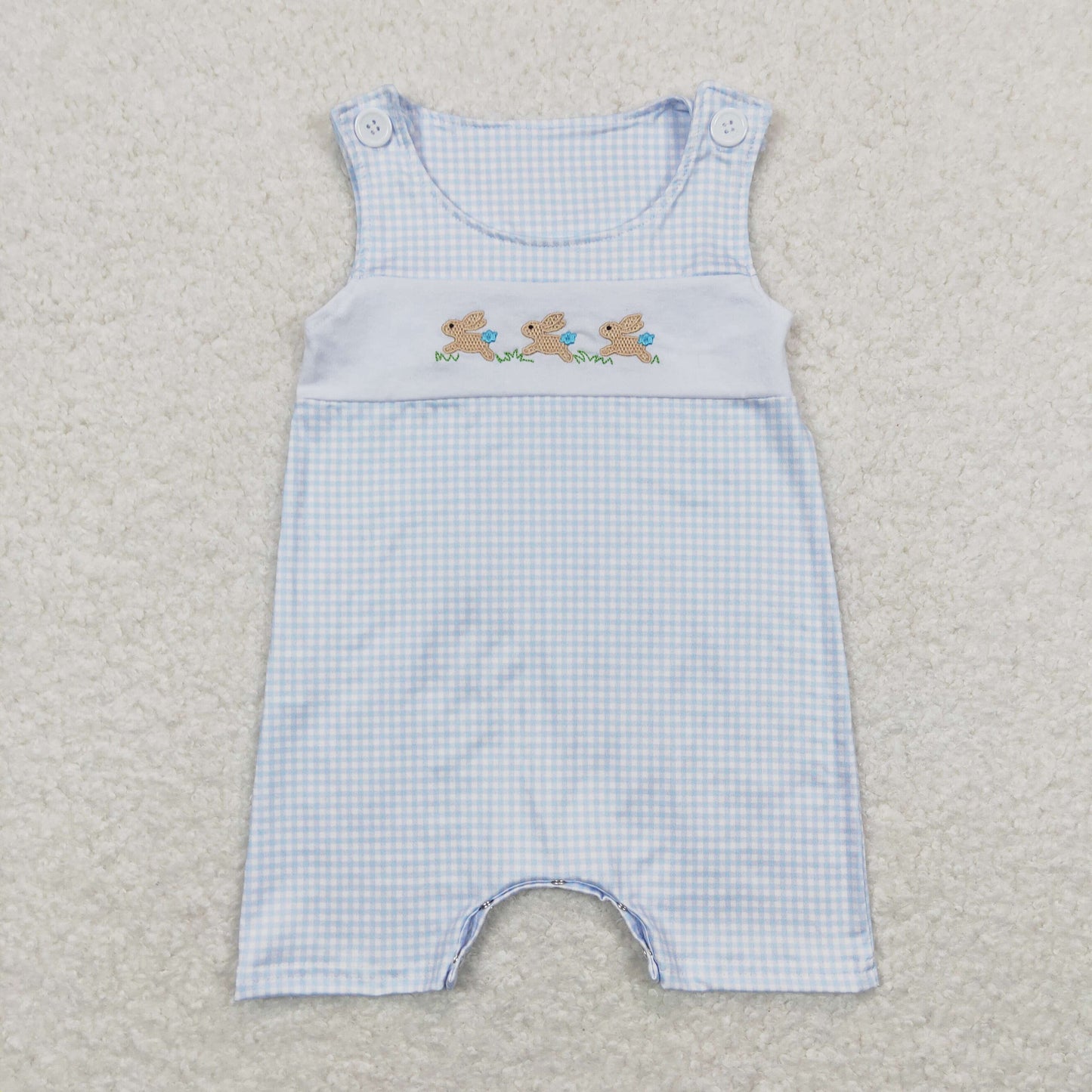 SR0621 Embroidered Three Rabbits Blue Plaid Sleeveless Boys Bubble Romper RTS 202508
