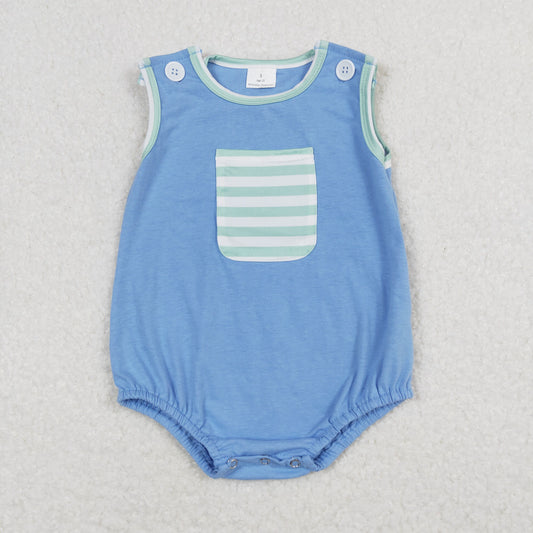SR0641 Green Stripe Pocket Blue Sleeveless Boys Bubble Romper RTS 202508