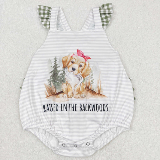 SR0658 Puppy Stripe Green Stripe Ruffles Girls Flying Sleeve Bubble Romper RTS 202508