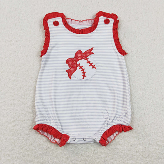 SR0782 Baseball Bows Red Ruffle Sleeveless Bubble Romper RTS 202507