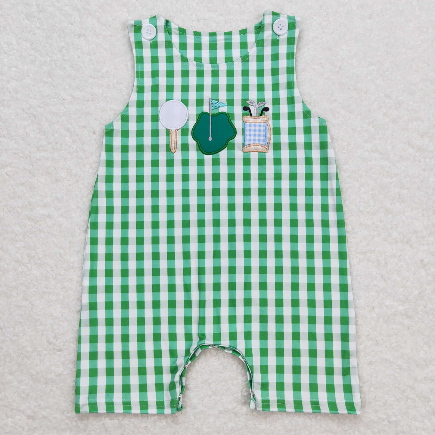 SR0796 Embroidered Golf Green Plaid Sleeveless Boys Romper RTS 202508