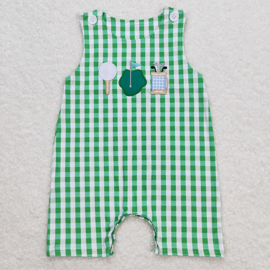 SR0796 Embroidered Golf Green Plaid Sleeveless Boys Romper RTS 202508