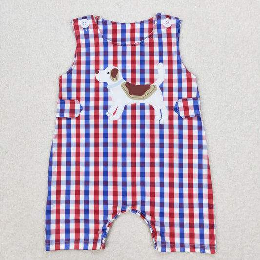 SR0821 Puppy red blue plaid sleeveless romper High quality romper baby