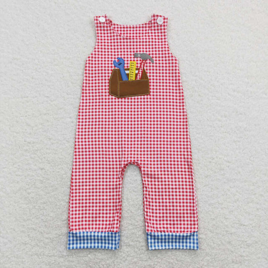 SR0822 Embroidered Hammer Tool Red and White Plaid Sleeveless Boys Romper High Quality RTS 202507