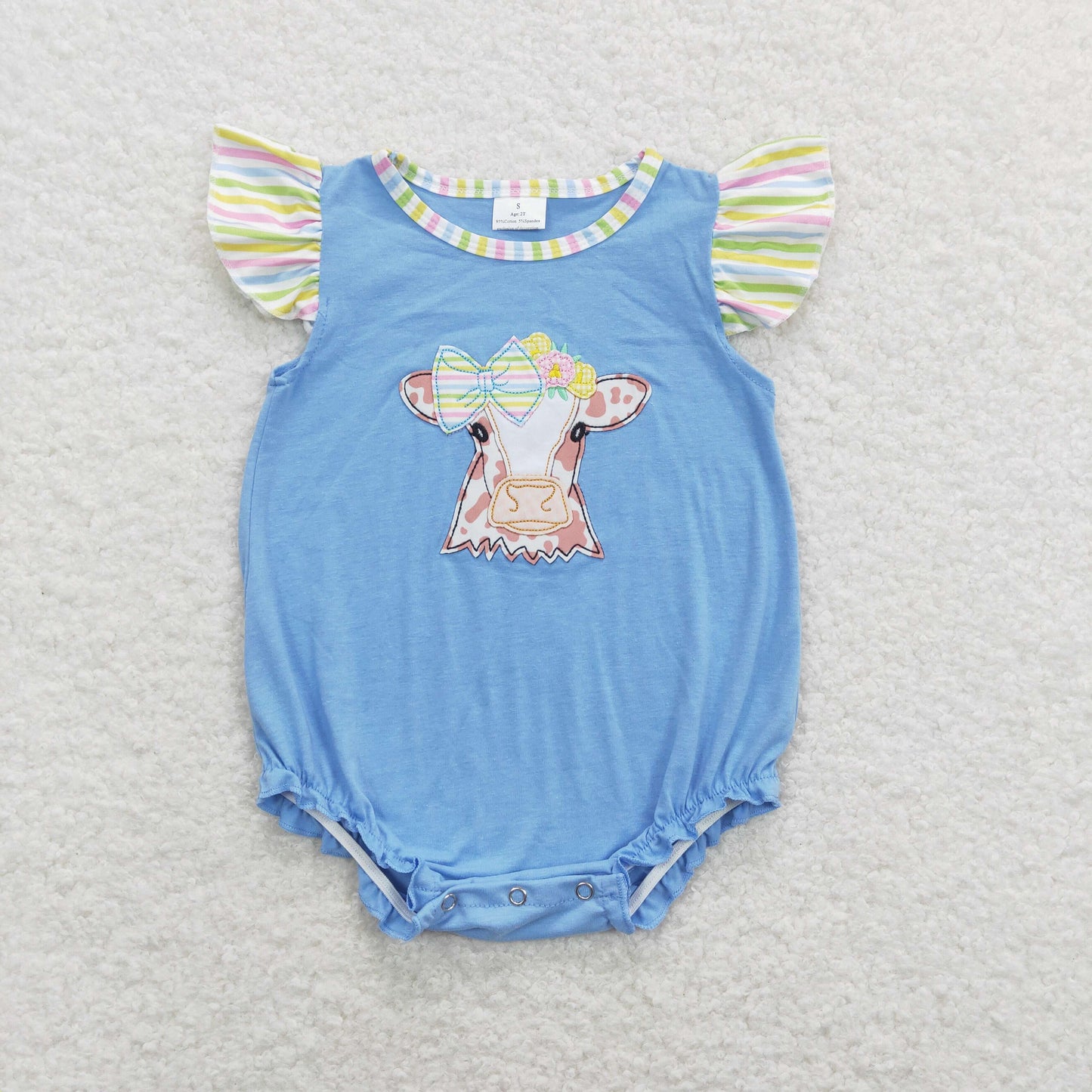 SR0825 Embroidered Bows Cow Colored Stripe Flying Sleeve Blue Romper Girls High Quality Clothing RTS 202507
