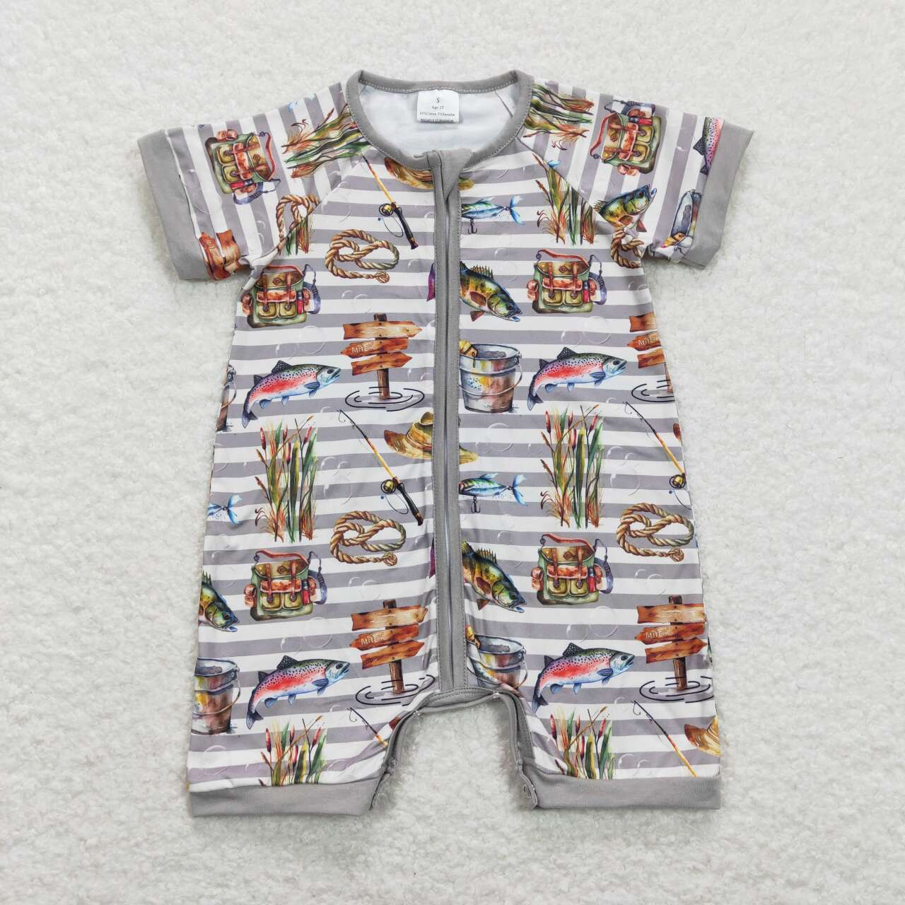 SR0842 Fish Pattern Gray Stripe Zippy Short Sleeve Boys Romper RTS 202507