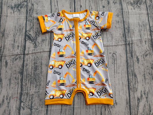NO MOQ SR0844 Trucks Orange Gray Zip Short Sleeve Boys Romper
