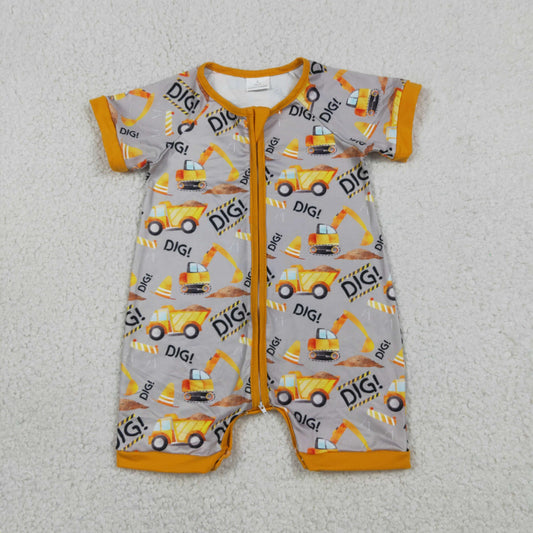 SR0844 Trucks Orange Gray Zip Short Sleeve Boys Romper 202605 RTS
