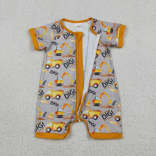 SR0844 Trucks Orange Gray Zip Short Sleeve Boys Romper 202605 RTS