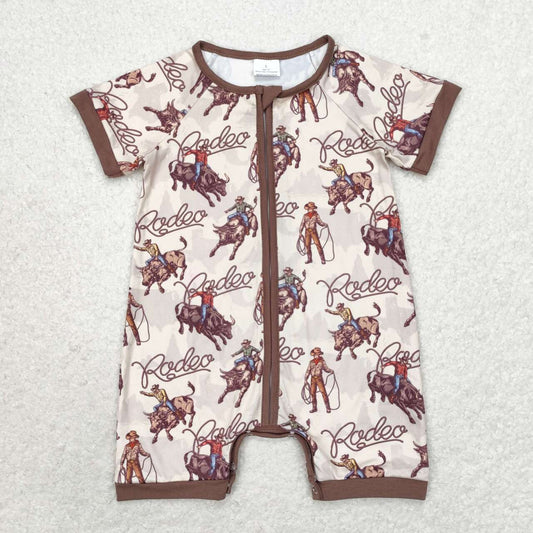 SR0856 rodeo Riding brown zipper short sleeve romper High quality baby boy rompers sets newborn clothes