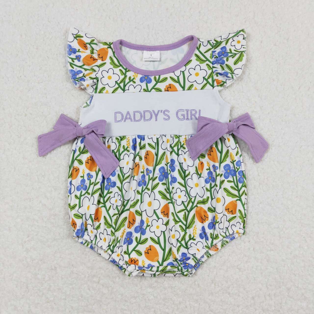 SR0891 Embroidered Daddy's Girl Flower Bows Fly Sleeve Romper Baby Girl Boutique Outfits 20240401 RTS
