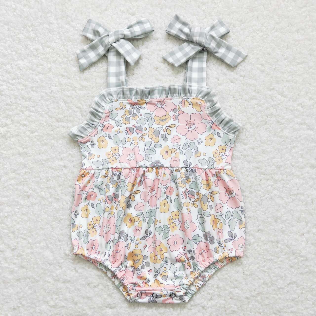 SR0921 Baby Girl Clothes Floral Green Plaid Suspender Bubble Romper RTS Free Shipping Over $100