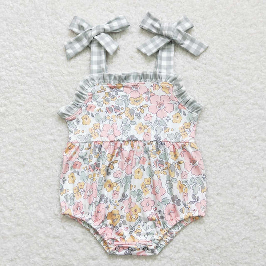 SR0921 Baby Girl Clothes Floral Green Plaid Suspender Bubble Romper RTS Free Shipping Over $100