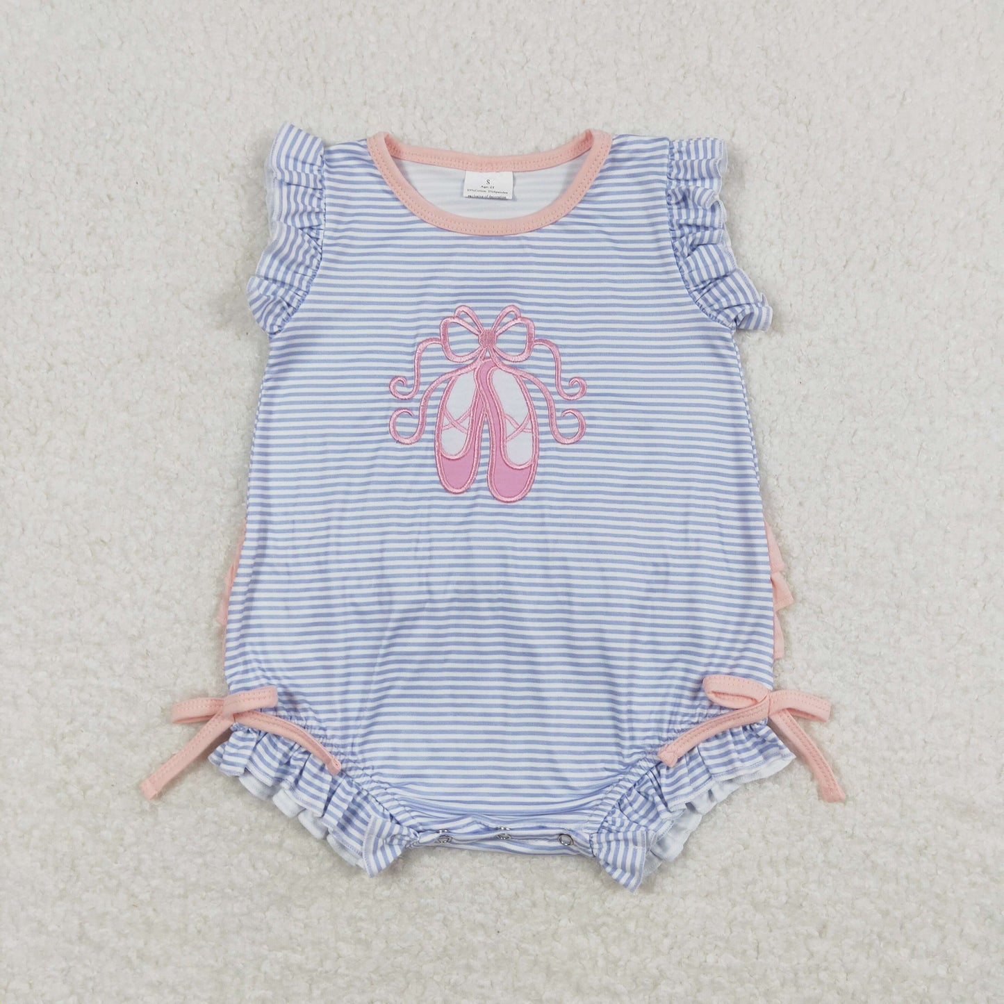 SR0931 Embroidered Shoes Blue Stripe Ruffle Fly Sleeve Romper Baby Girl Boutique Outfits 20240401 RTS