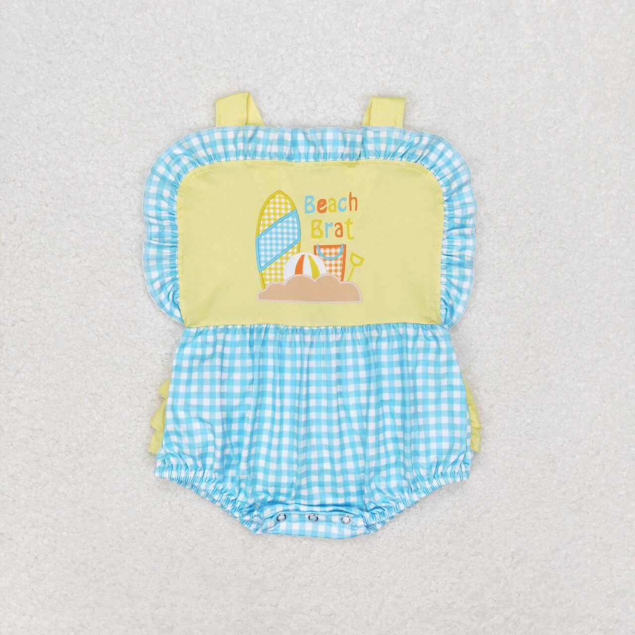 SR0956 beach brat checkered yellow lace vest romper High quality baby romper suit