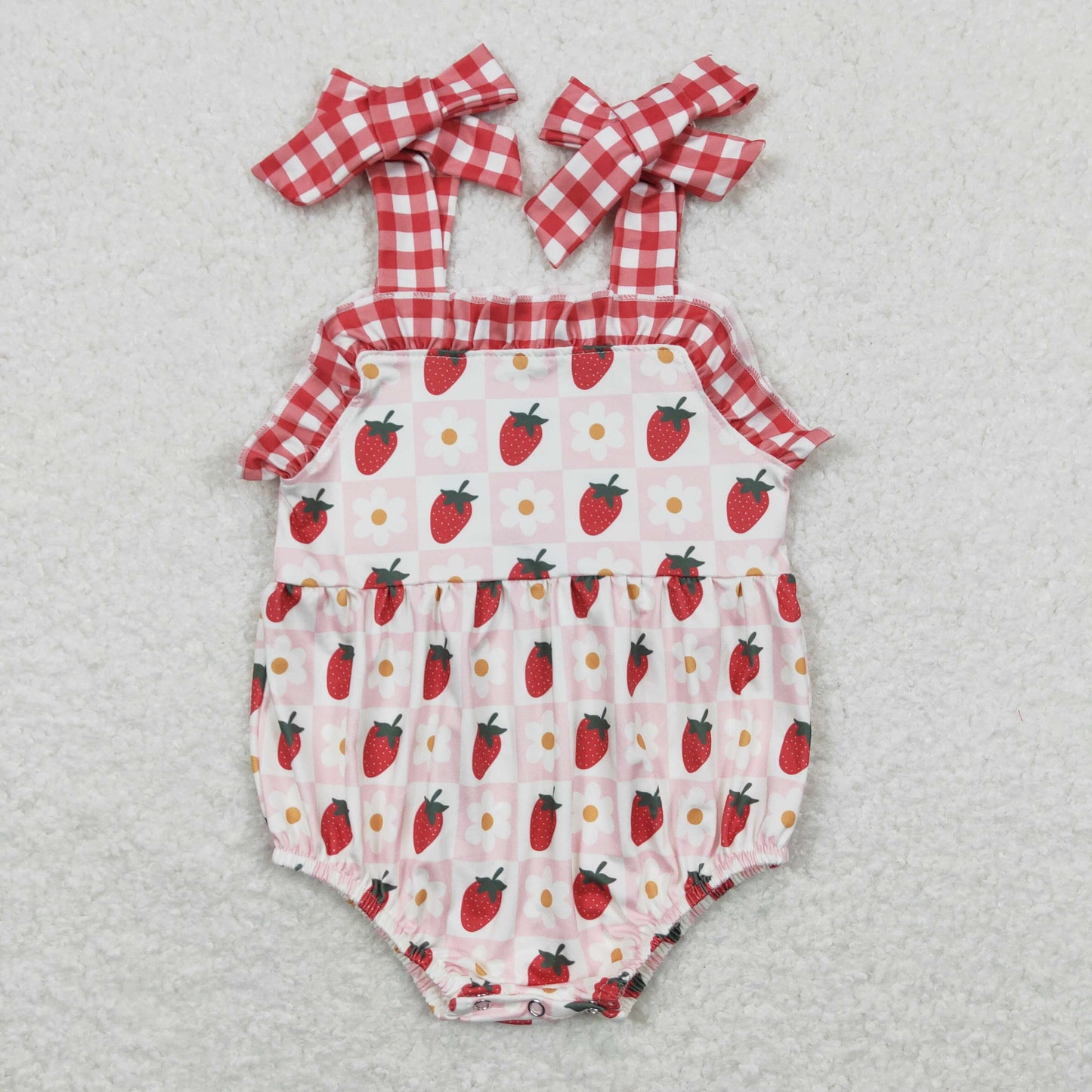 SR0978 Strawberry Red Plaid Ruffle Halter Girls Bubble Romper RTS 202508