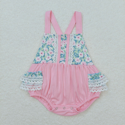 SR0986 Floral Lace Ruffle Pink Halter Girls Bubble Romper RTS 202508