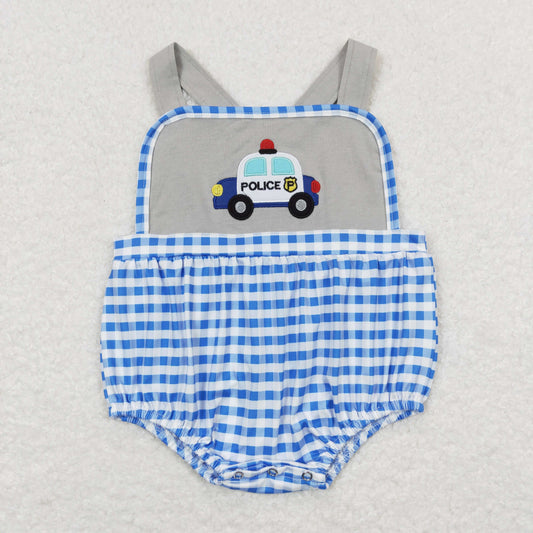 SR0997 Embroidered  Police Car  Blue Plaid Gray Sleeveless Romper Baby Boys Boutique Outfits 20240402 RTS