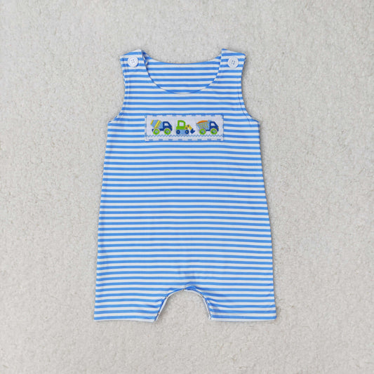 SR1005 Embroidery works car blue and white striped sleeveless romper high quality girls rompers