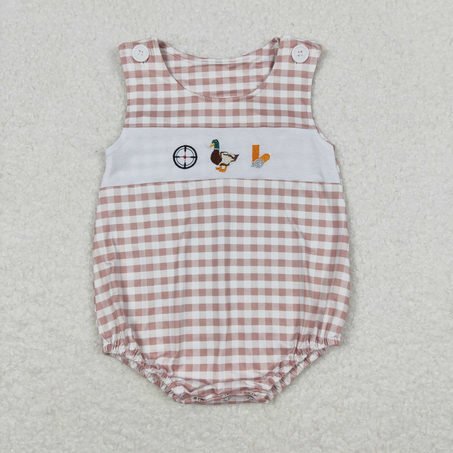 SR1009 Embroidered Duck Hunting Brown Plaid Sleeveless Boys Bubble Romper RTS 202508