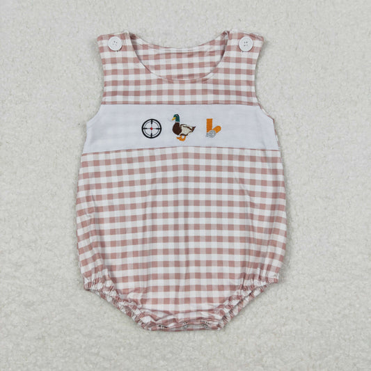 SR1009 Embroidered Duck Hunting Brown Plaid Sleeveless Boys Bubble Romper RTS 202508