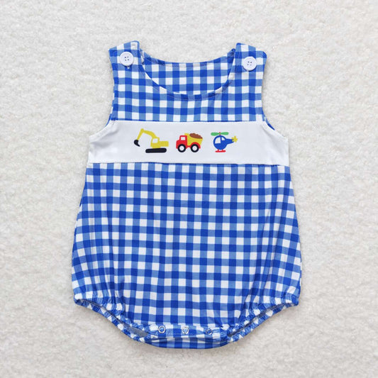 SR1011 Engineering Vehicle Helicopter Blue and White Plaid Sleeveless Boys Bubble Romper RTS 202508