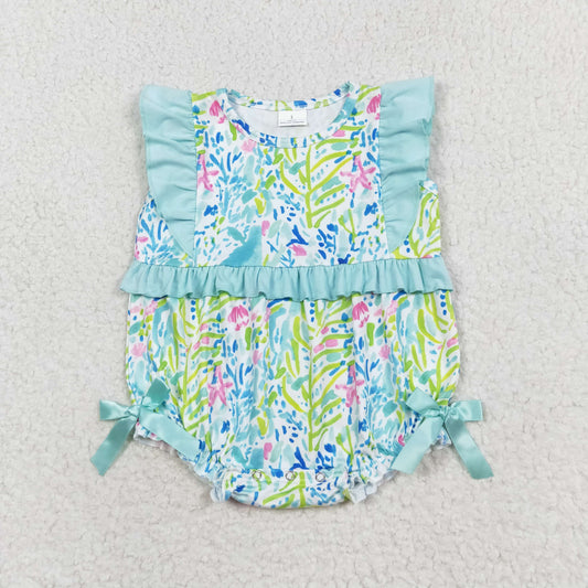 SR1022 Floral teal lace vest romper high quality baby romper custom