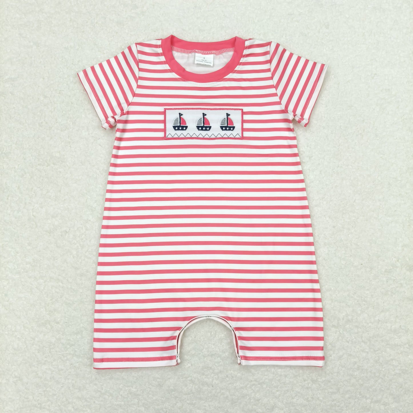 SR1028 Embroidery sailing red and white striped short sleeve romper high quality wholesale baby cartoon rompers