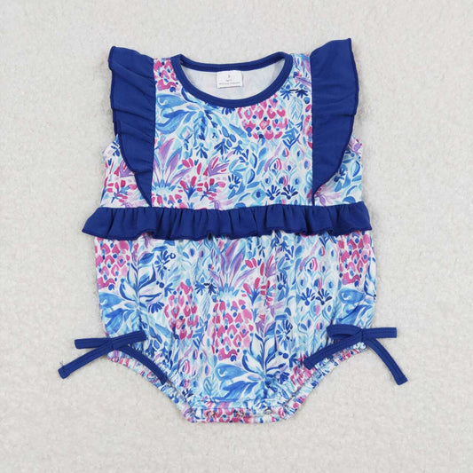 SR1033 Sea Grass Blue Ruffle Fly Sleeve Romper Baby Girl Boutique Outfits 20240401 RTS