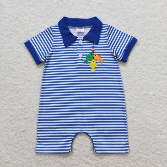 SR1045 Embroidered Fishing Blue Striped Short-Sleeved Boys Romper RTS 202508