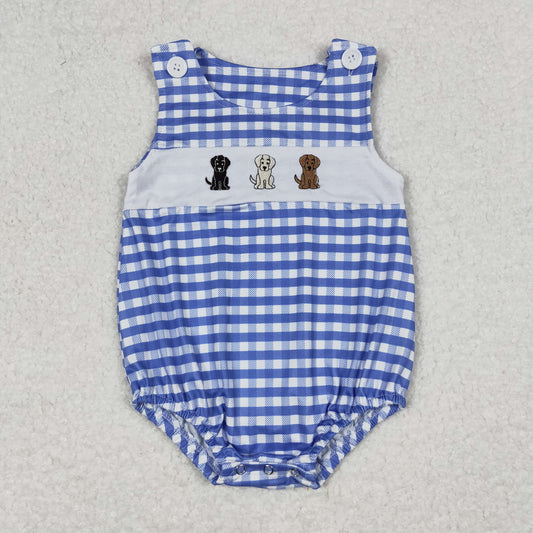 SR1048 Embroidered Puppy Blue Plaid Sleeveless Boys Bubble Romper RTS 202508 