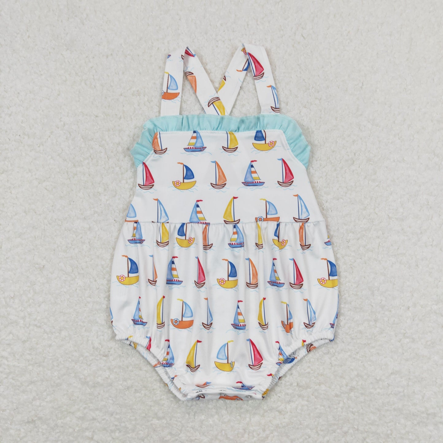 SR1060 Sailboat Blue Green Ruffle White Sleeveless Romper Baby Girl Boutique Outfits 20240402 RTS