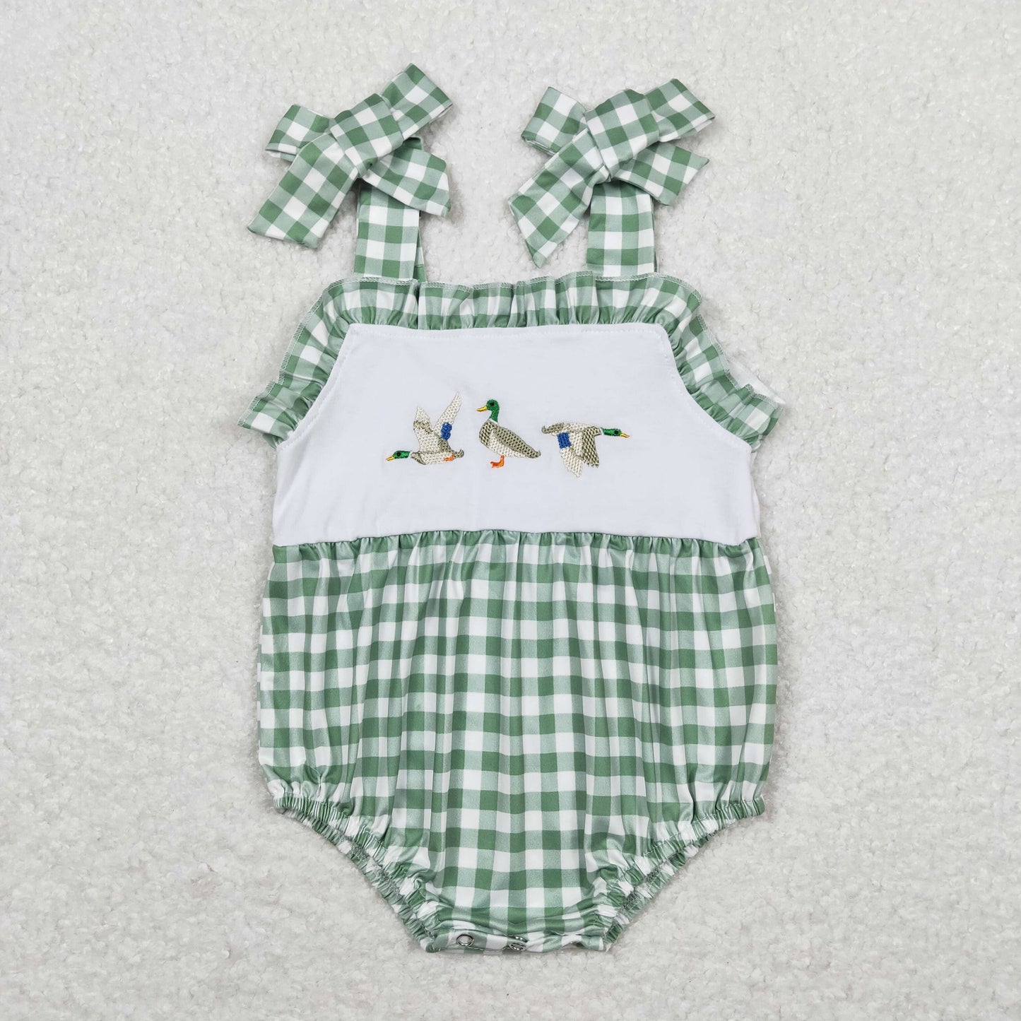 SR1065 Embroidered Duck Hunting Green Plaid Ruffle Halter Girls Bubble Romper RTS 202508