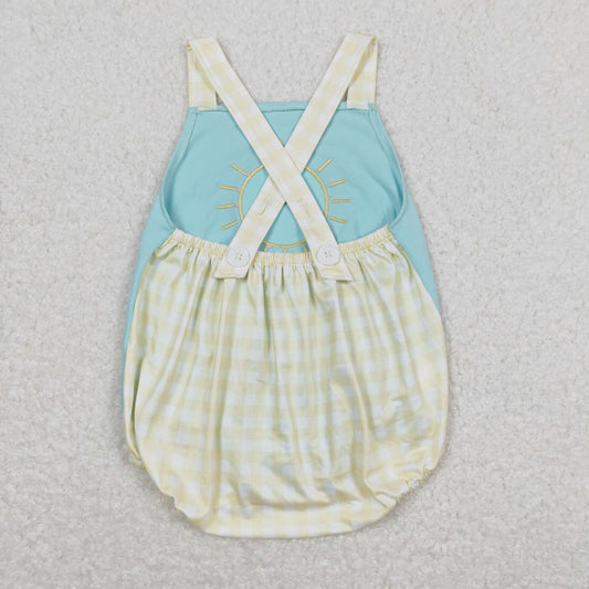 SR1072 Embroidered Sunny Day Yellow Plaid Blue Green Sleeveless Boys Bubble Romper RTS 202508