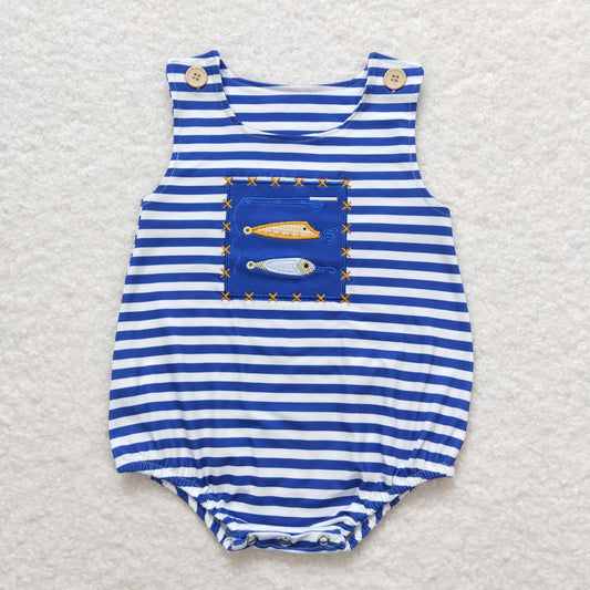 SR1074 Embroidered Fish Pattern Blue Stripe Sleeveless Boy Bubble Romper 202507 RTS