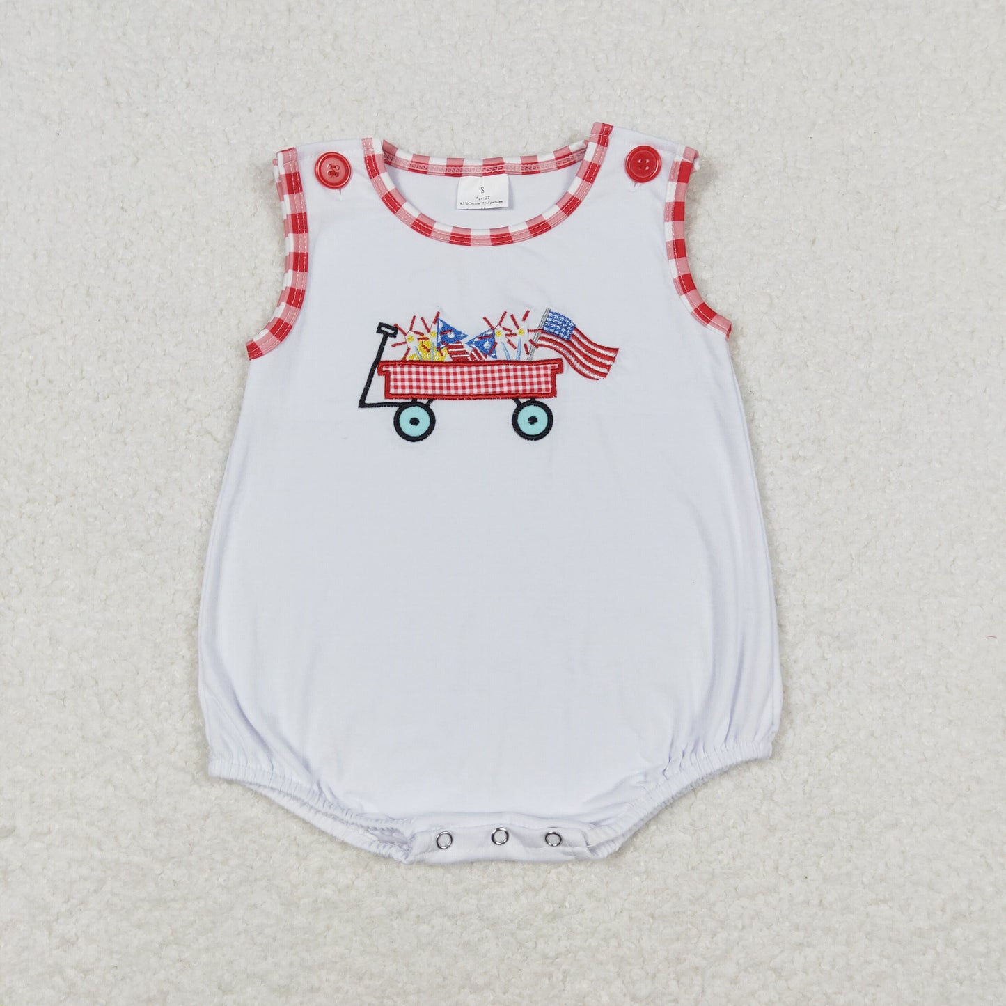 SR1078 Embroidered fireworks flag cart white vest jumpsuit baby rompers wholesale