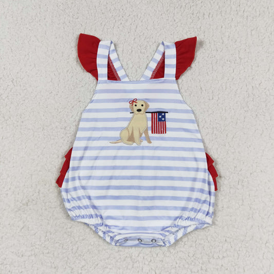 SR1081 4th of July Embroidered Puppy Flag Flying Sleeve Girls Bubble Romper RTS 202509