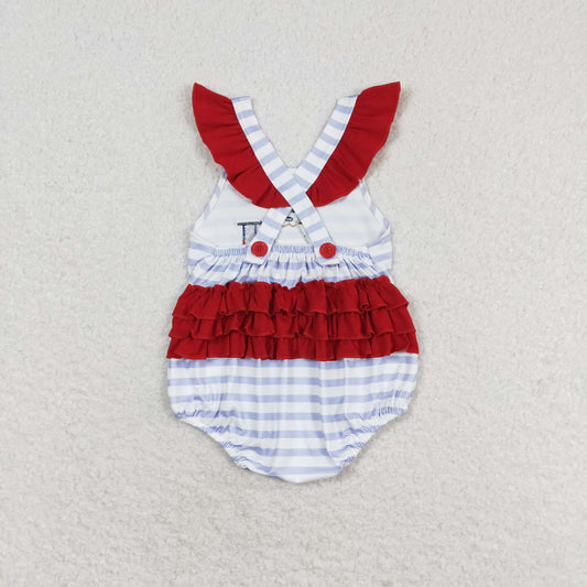 SR1081 4th of July Embroidered Puppy Flag Flying Sleeve Girls Bubble Romper RTS 202509