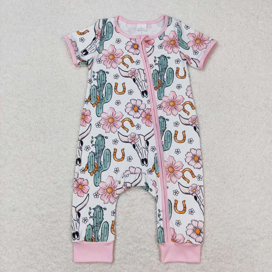 SR1109   Cactus Flower Pink Short Sleeve Zip Romper Baby Girl Boutique Outfits 202404 RTS