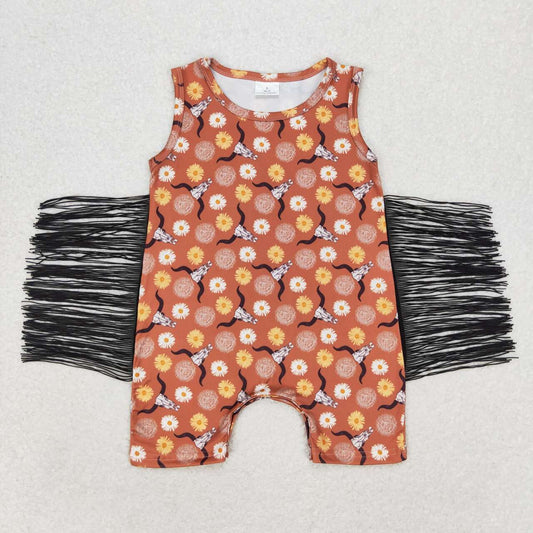 SR1111 Alpine cow head flowers tassel brown sleeveless romper High quality short sleeve baby romper