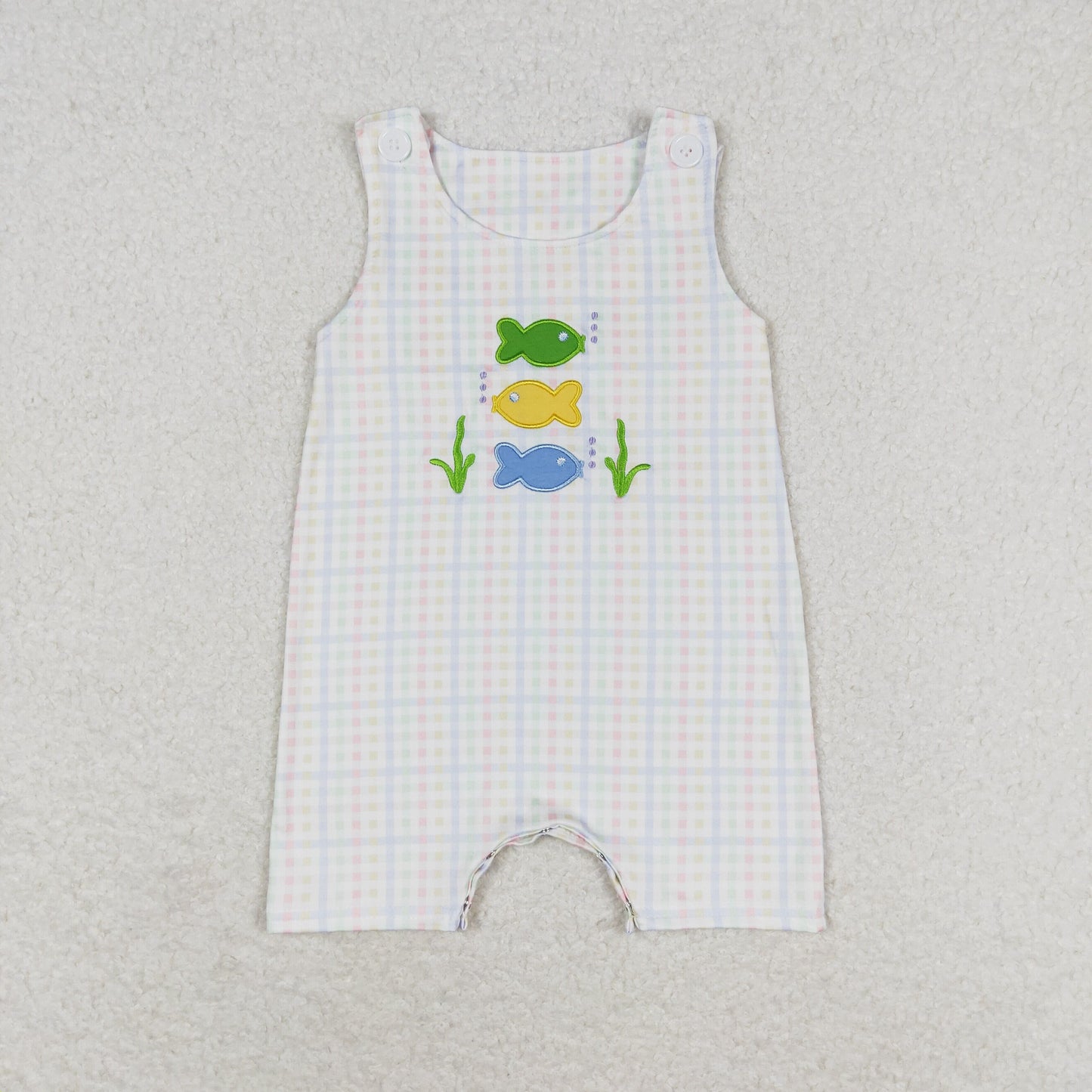 SR1121 Embroidery small fish color check sleeveless romper high quality baby romper suit