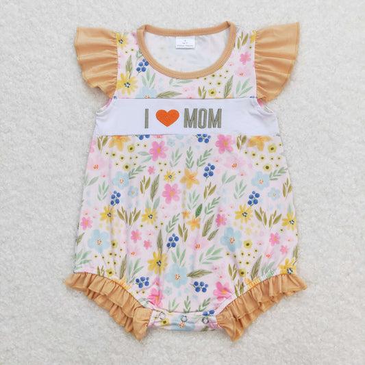 SR1131 Embroidered I Love Mom Floral Orange Flying Sleeve Girls Bubble Romper RTS 202509