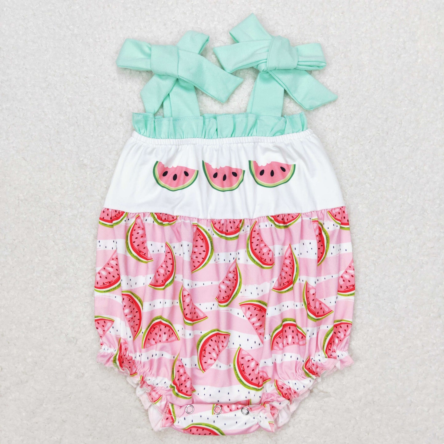 SR1157 Watermelon pink striped turquoise lace bow romper High quality baby cotton romper